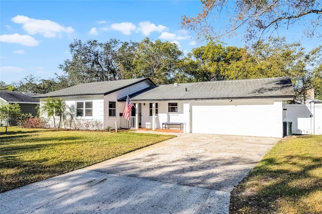 ranch-style home with an attached garage, fence, concrete driveway, roof with shingles, and a front yard