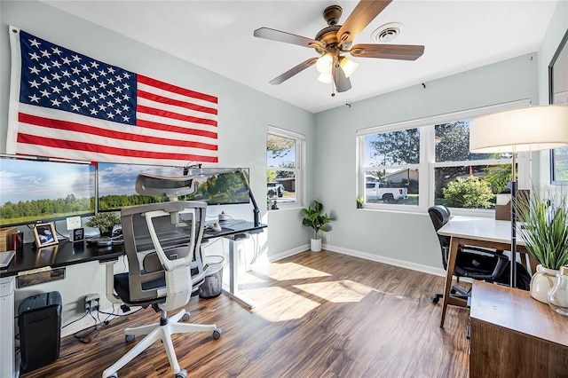 office space with a ceiling fan, wood finished floors, visible vents, and baseboards