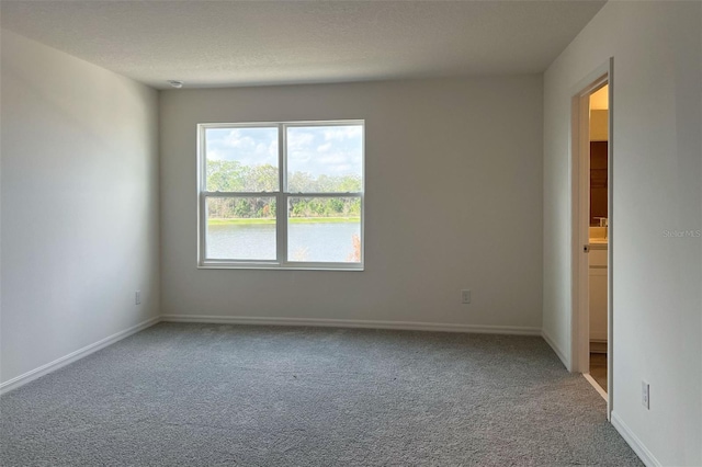 spare room with a textured ceiling, carpet flooring, and baseboards