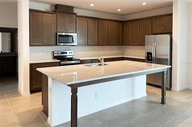 kitchen with stainless steel appliances, backsplash, a sink, and dark brown cabinetry