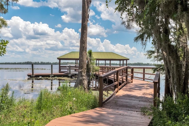 view of dock with a water view