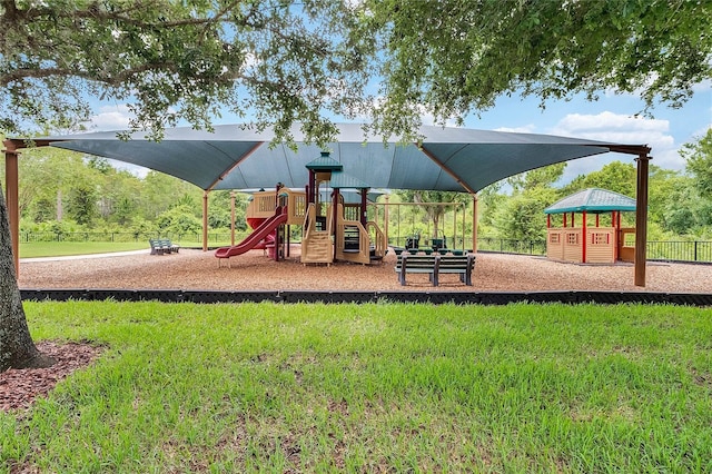 community jungle gym with fence