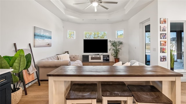 living room with light wood finished floors, a tray ceiling, a ceiling fan, and ornamental molding