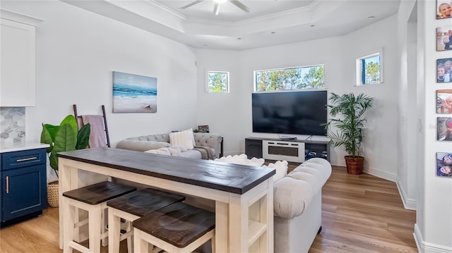 living area with light wood finished floors, a raised ceiling, a ceiling fan, and ornamental molding