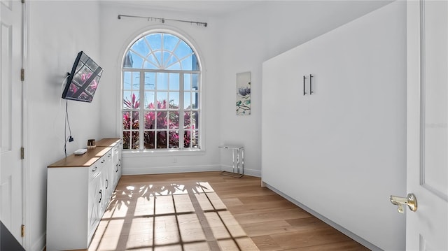 doorway featuring baseboards and light wood-style floors
