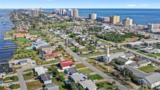 aerial view featuring a water view and a city view