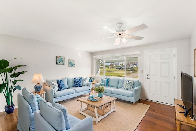 living area with ceiling fan and wood finished floors