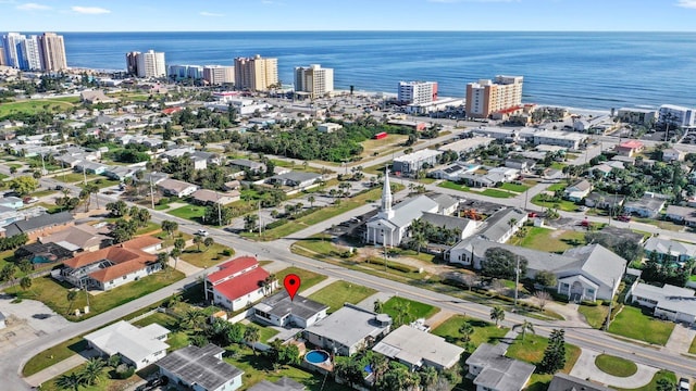 aerial view featuring a water view and a city view