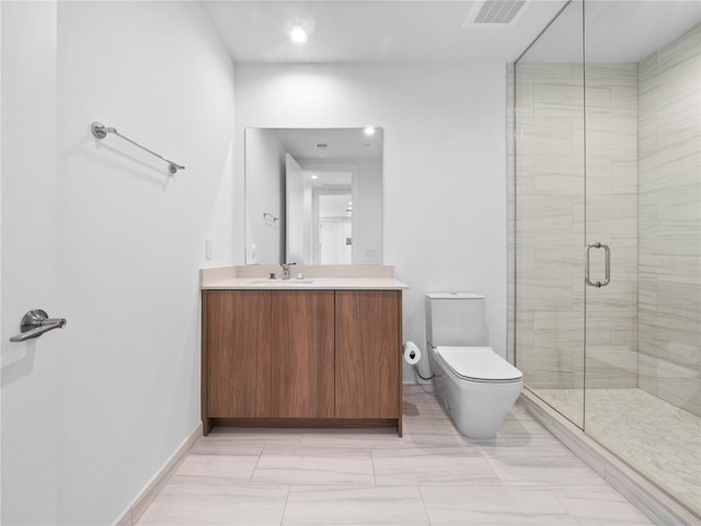 full bathroom with visible vents, baseboards, toilet, a stall shower, and vanity