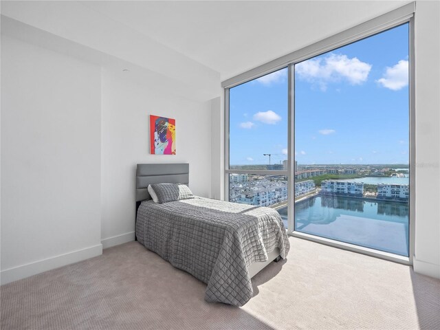 carpeted bedroom with a wall of windows, baseboards, and a water view