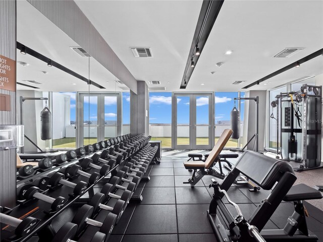 workout area featuring a wall of windows, french doors, and visible vents