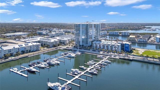 aerial view with a city view and a water view