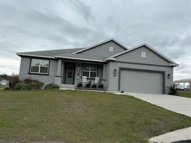 single story home featuring driveway, an attached garage, a front yard, a porch, and stucco siding