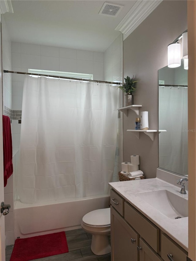 full bath with shower / bath combination with curtain, visible vents, toilet, vanity, and wood finished floors