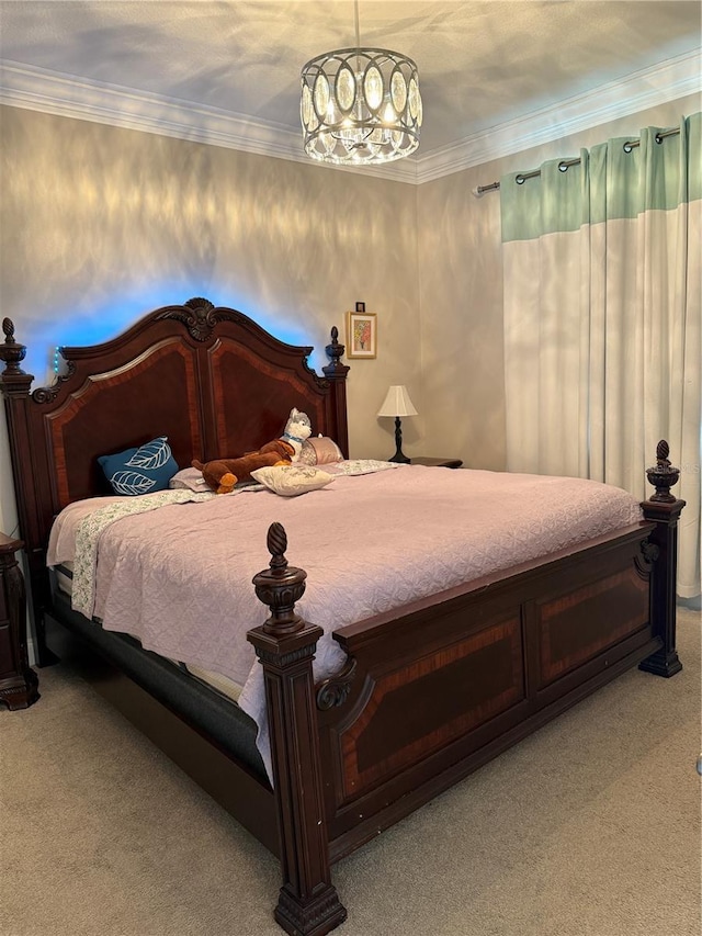 carpeted bedroom featuring ornamental molding