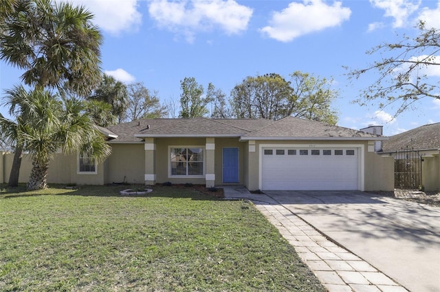 ranch-style home with a garage, fence, driveway, stucco siding, and a front lawn