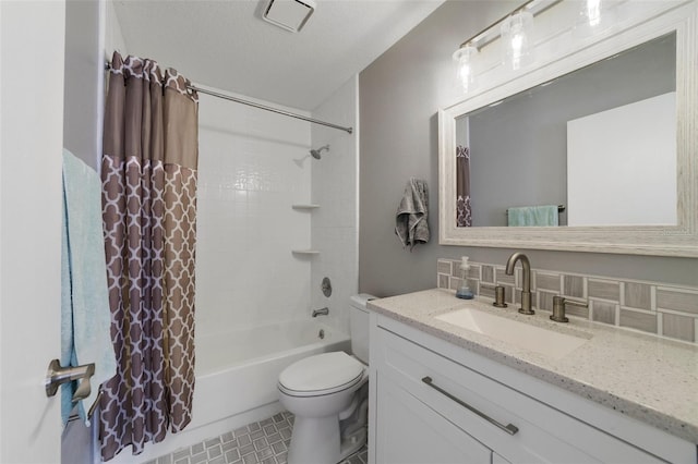 bathroom with decorative backsplash, toilet, shower / bathtub combination with curtain, a textured ceiling, and vanity