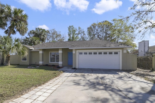 ranch-style home with a garage, a front yard, concrete driveway, and stucco siding