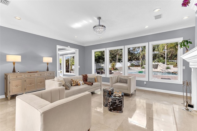 living area with baseboards, visible vents, and ornamental molding