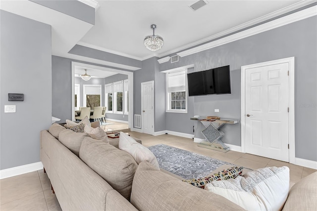 living room featuring baseboards, visible vents, crown molding, a chandelier, and light tile patterned flooring