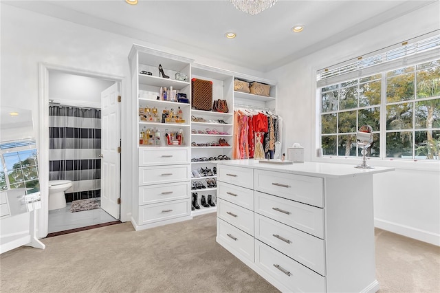 spacious closet featuring light colored carpet