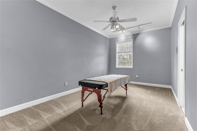 recreation room with baseboards, carpet floors, rail lighting, and crown molding