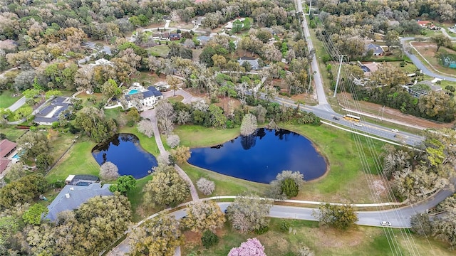 bird's eye view with a water view