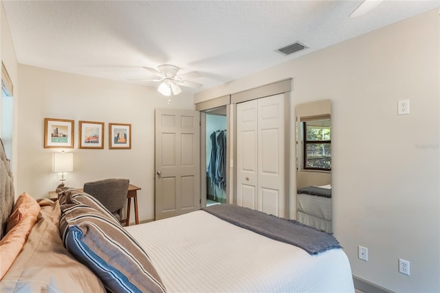 bedroom featuring a textured ceiling, a closet, visible vents, and a ceiling fan