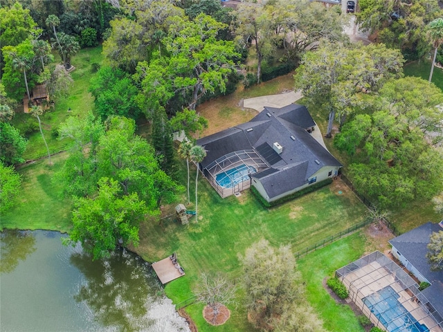 bird's eye view with a water view