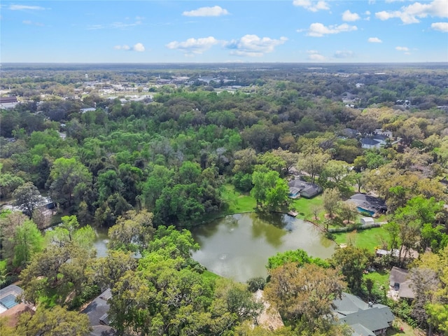 birds eye view of property featuring a water view and a forest view