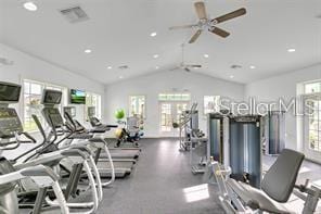 workout area with ceiling fan, visible vents, vaulted ceiling, and french doors