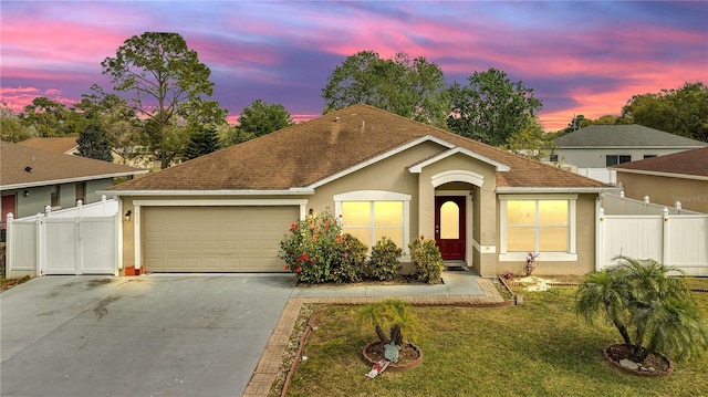 single story home with fence, concrete driveway, stucco siding, an attached garage, and a gate