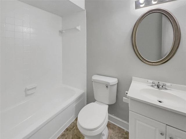 full bathroom with toilet, shower / bathtub combination, baseboards, and vanity