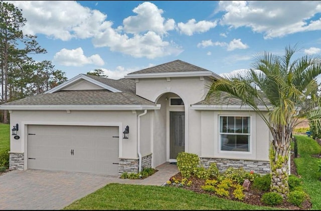 view of front of property with decorative driveway, stone siding, an attached garage, and stucco siding