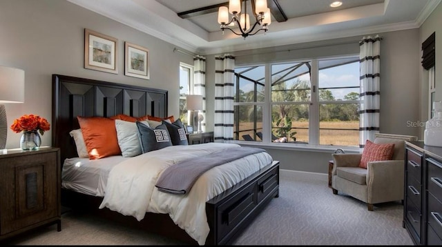 bedroom featuring a tray ceiling, carpet flooring, crown molding, and multiple windows