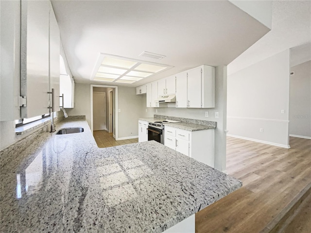 kitchen with light stone countertops, electric range, white cabinetry, and a sink