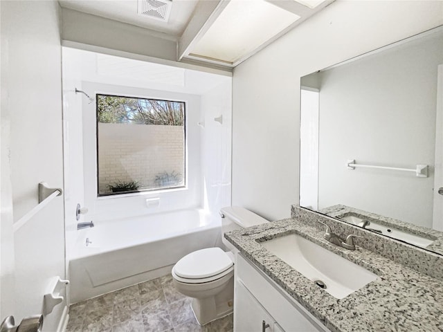 full bath featuring toilet, visible vents, and vanity