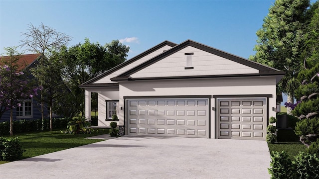 ranch-style home with a garage, driveway, a front yard, and stucco siding