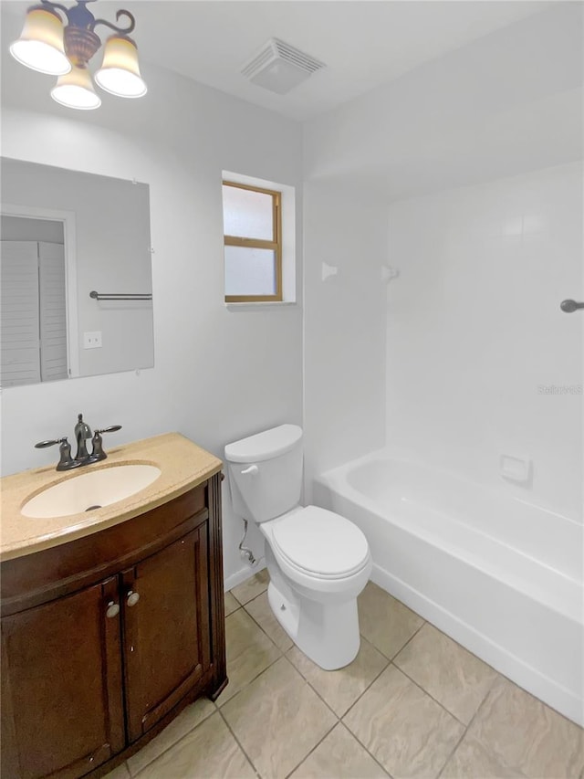 full bathroom featuring shower / tub combination, toilet, vanity, visible vents, and tile patterned floors