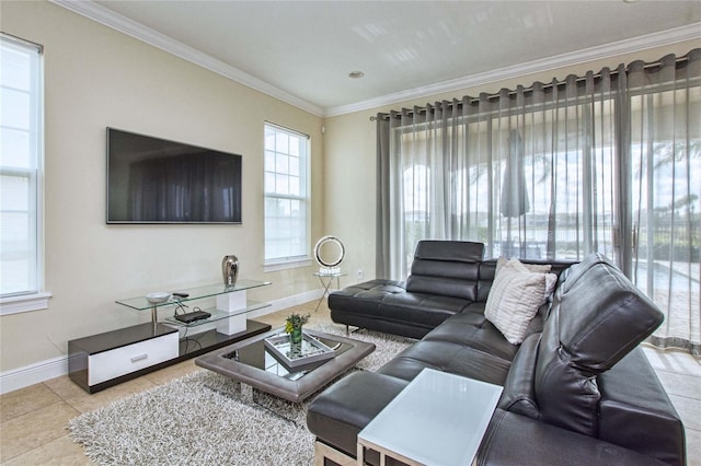 living room featuring baseboards, tile patterned flooring, and crown molding