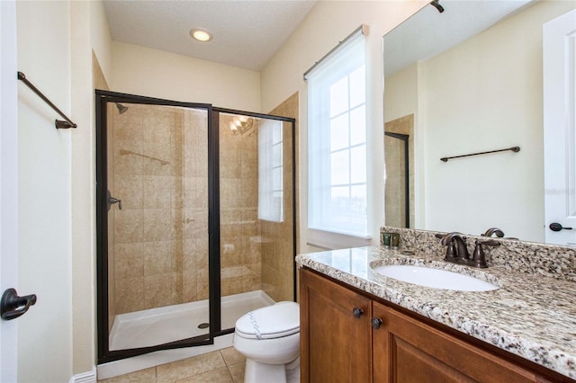 bathroom with vanity, tile patterned flooring, a shower stall, and toilet