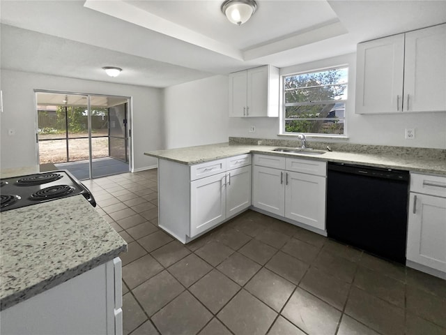 kitchen featuring a raised ceiling, dishwasher, a peninsula, a healthy amount of sunlight, and a sink