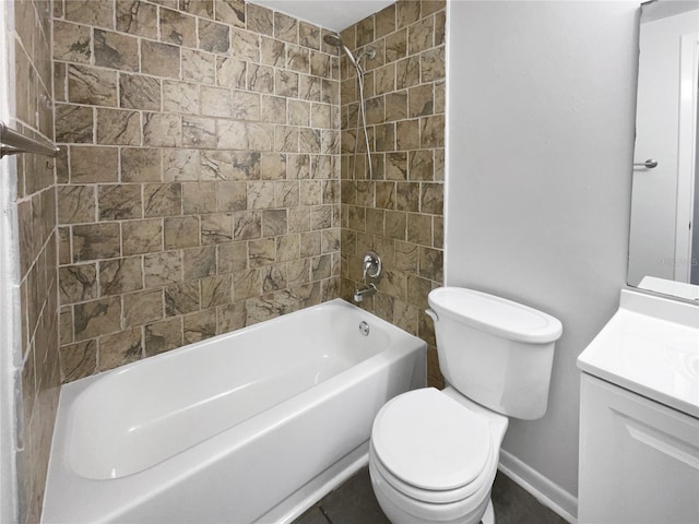 full bathroom with toilet, tub / shower combination, vanity, and baseboards