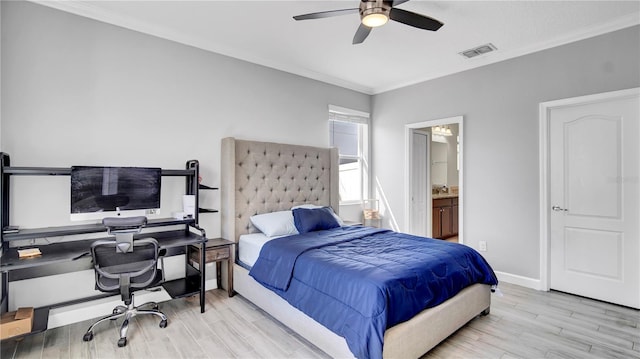 bedroom featuring baseboards, visible vents, ceiling fan, wood finished floors, and crown molding