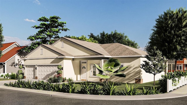 ranch-style home with concrete driveway, an attached garage, and stucco siding