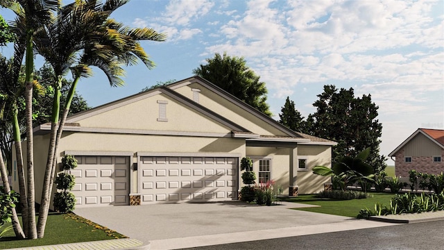 ranch-style home featuring a garage, a front yard, driveway, and stucco siding