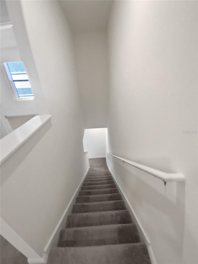 staircase featuring carpet floors and baseboards