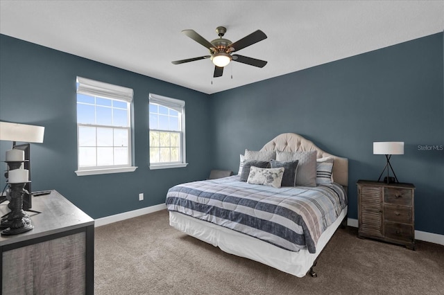 bedroom featuring carpet flooring, ceiling fan, and baseboards