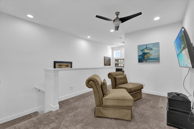 living area featuring recessed lighting, an upstairs landing, baseboards, and carpet floors