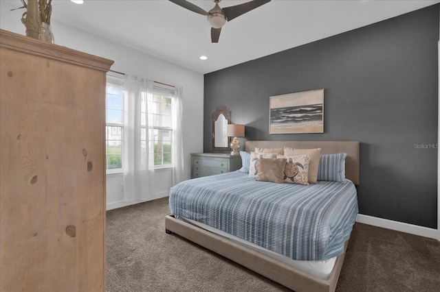 carpeted bedroom with recessed lighting, a ceiling fan, and baseboards